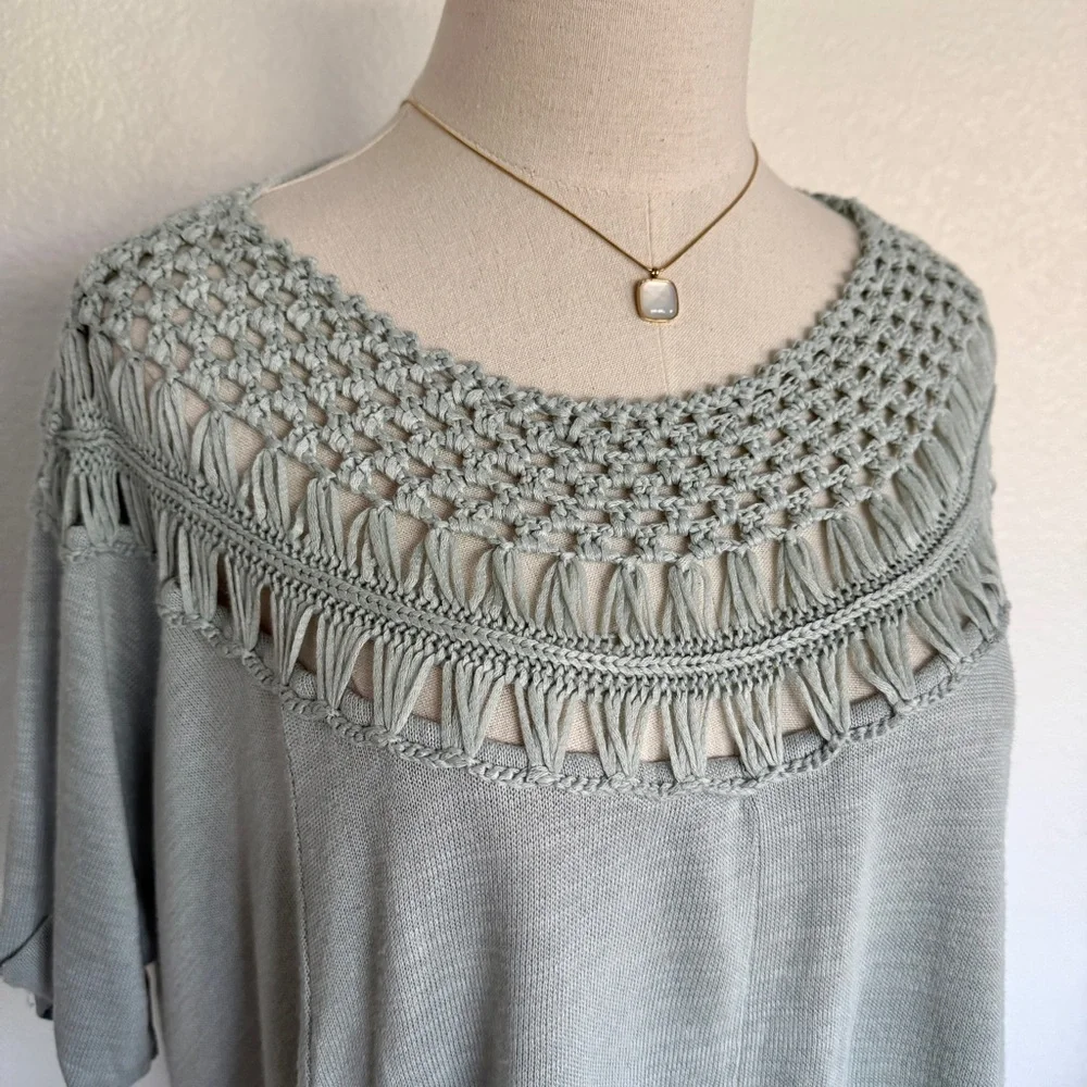 🩵 Free People Crochet Pale Baby Blue Colette Macrame Neckline Tee